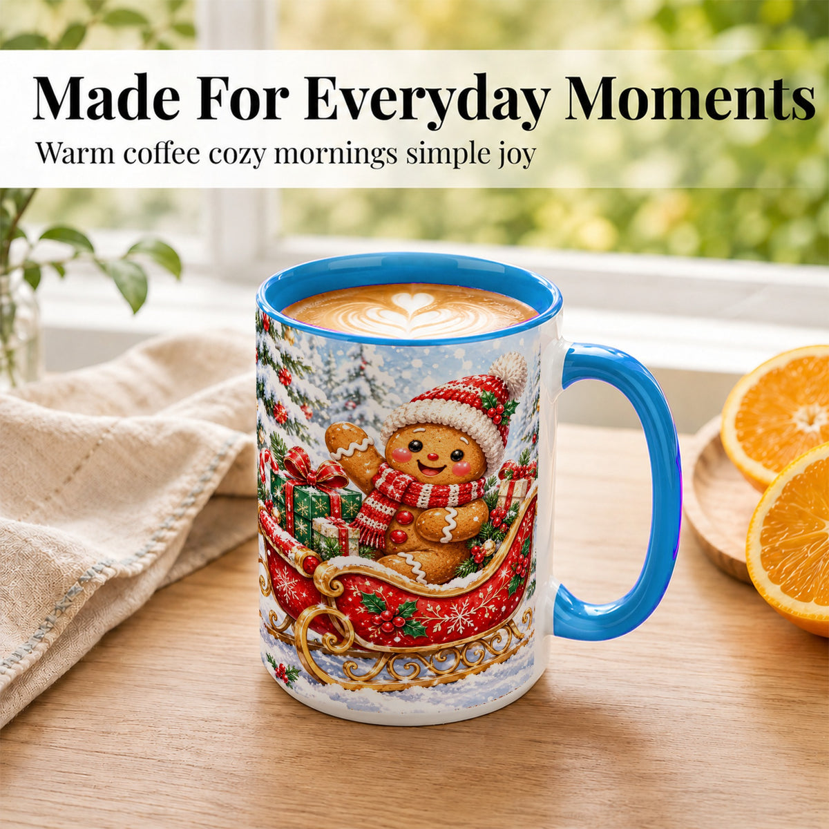 #pl[15oz|Blue] Gingerbread Sleigh Coffee Mug, Christmas Cookie Mug, Ceramic Cup