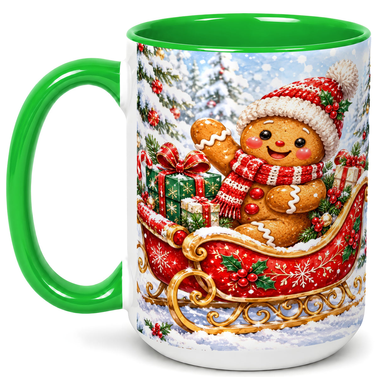 #pl[15oz|Green] Gingerbread Sleigh Coffee Mug, Christmas Cookie Mug, Ceramic Cup