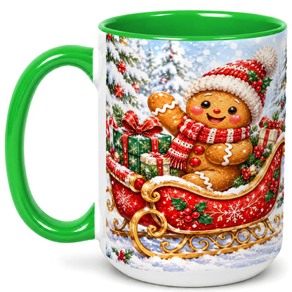 #pl[15oz|Green] Gingerbread Sleigh Coffee Mug, Christmas Cookie Mug, Ceramic Cup