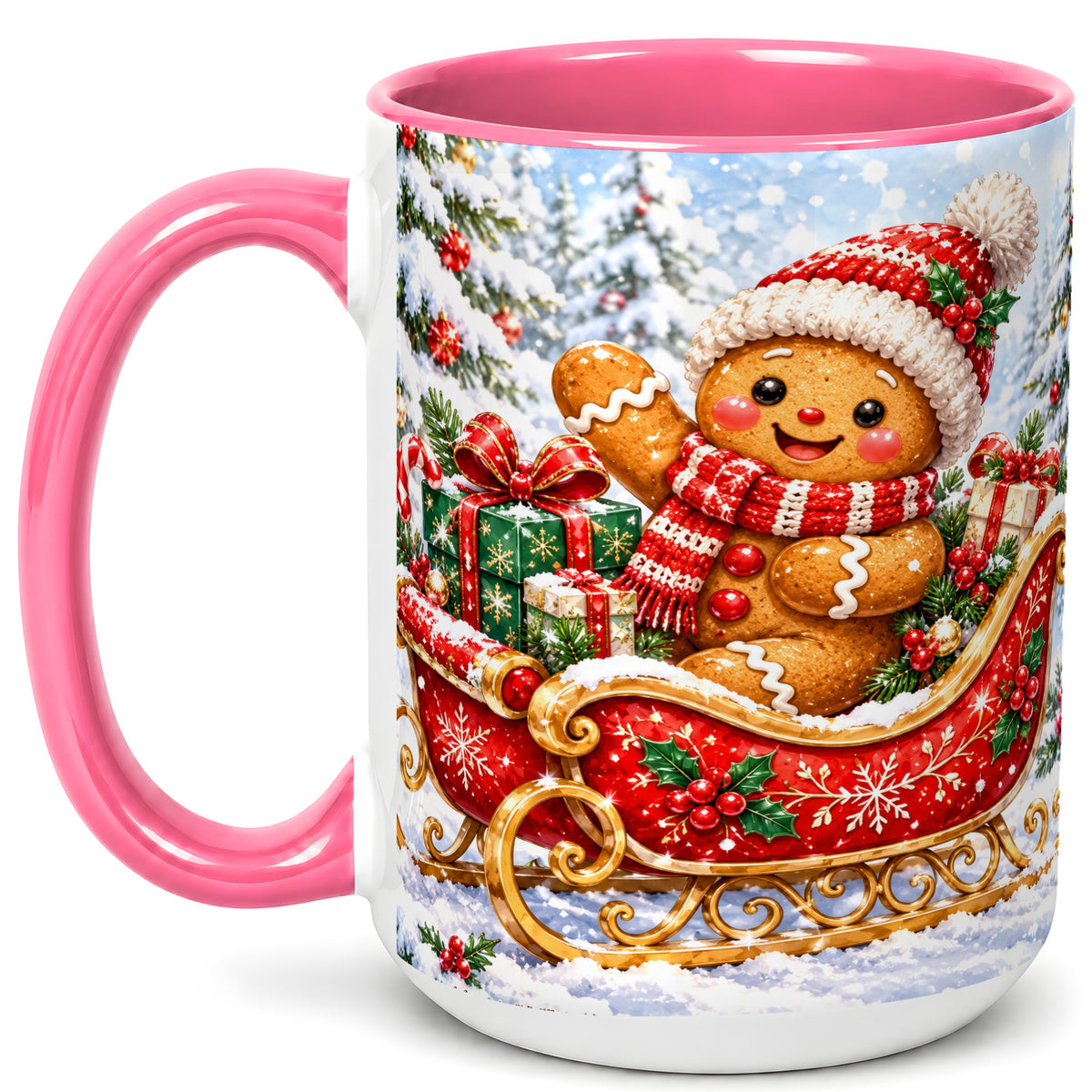 #pl[15oz|Pink] Gingerbread Sleigh Coffee Mug, Christmas Cookie Mug, Ceramic Cup