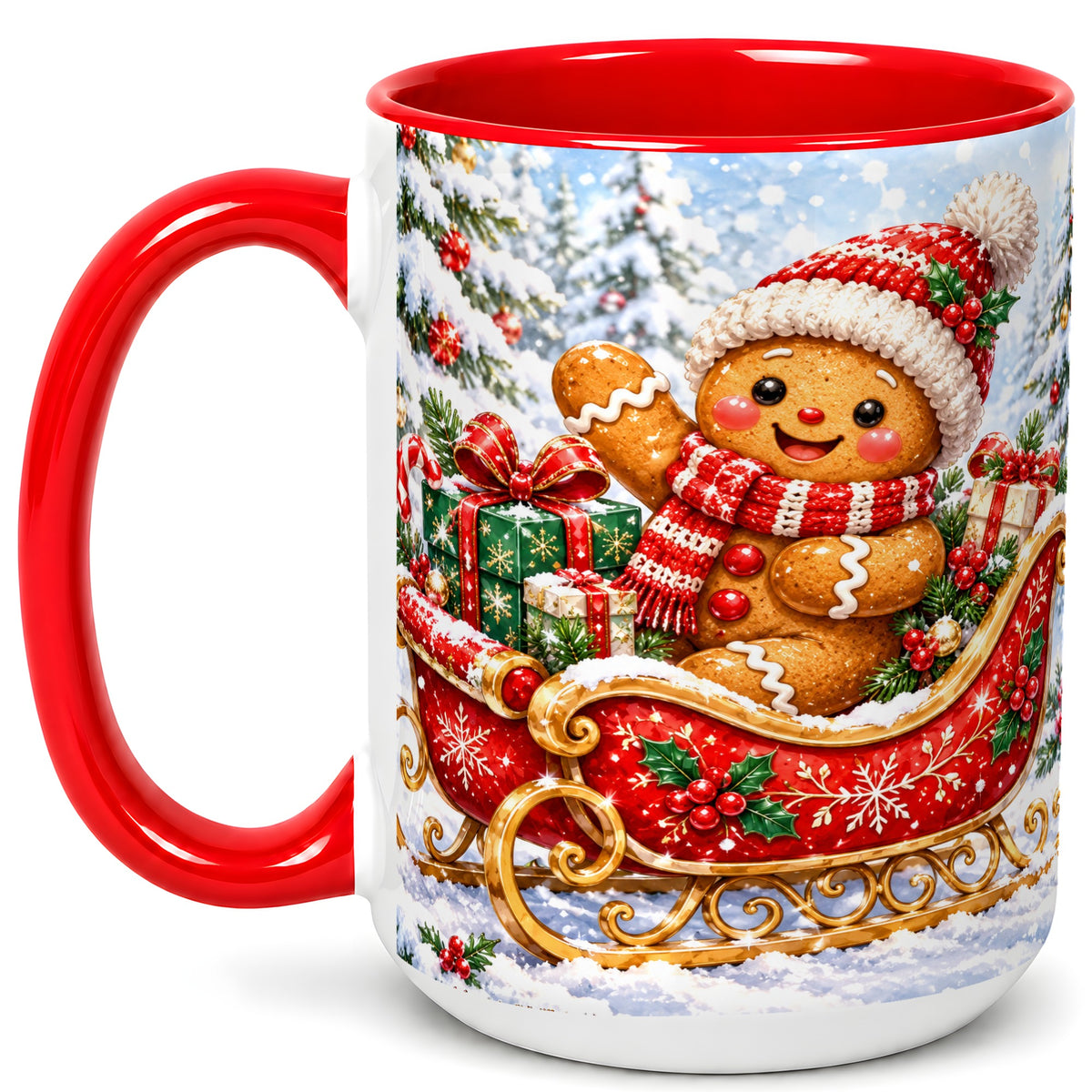 #pl[15oz|Red] Gingerbread Sleigh Coffee Mug, Christmas Cookie Mug, Ceramic Cup