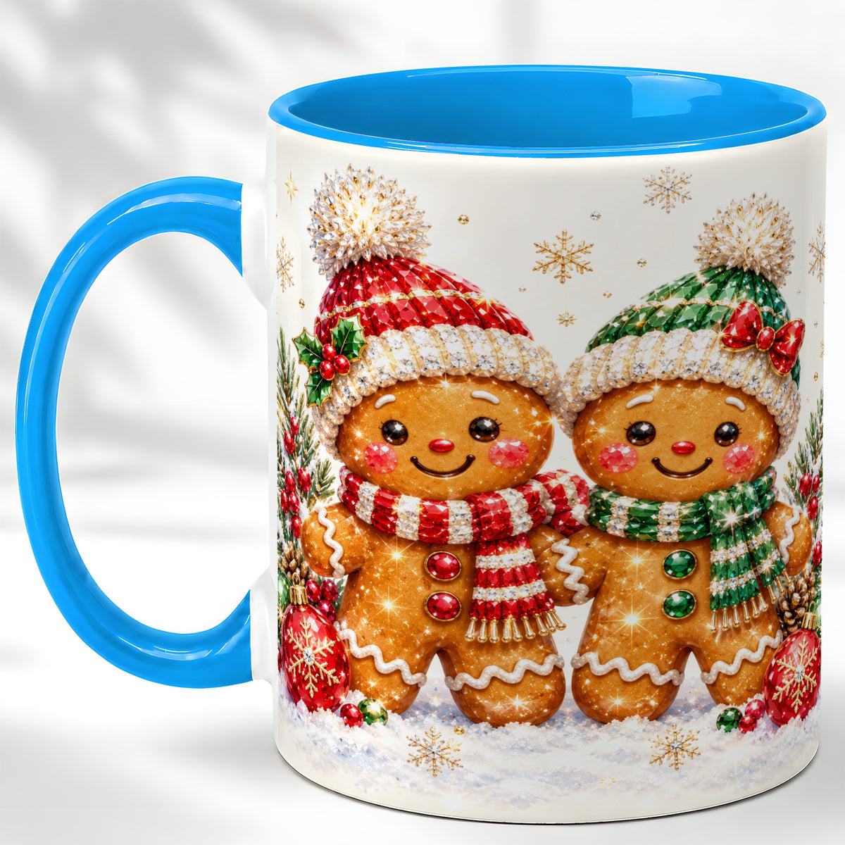#pl[11oz|Blue] Gingerbread Couple Coffee Mug, Christmas Cookie Mug, Ceramic Cup
