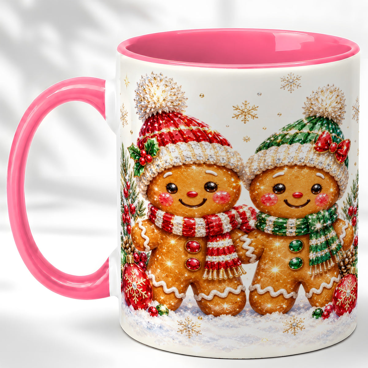 #pl[11oz|Pink] Gingerbread Couple Coffee Mug, Christmas Cookie Mug, Ceramic Cup