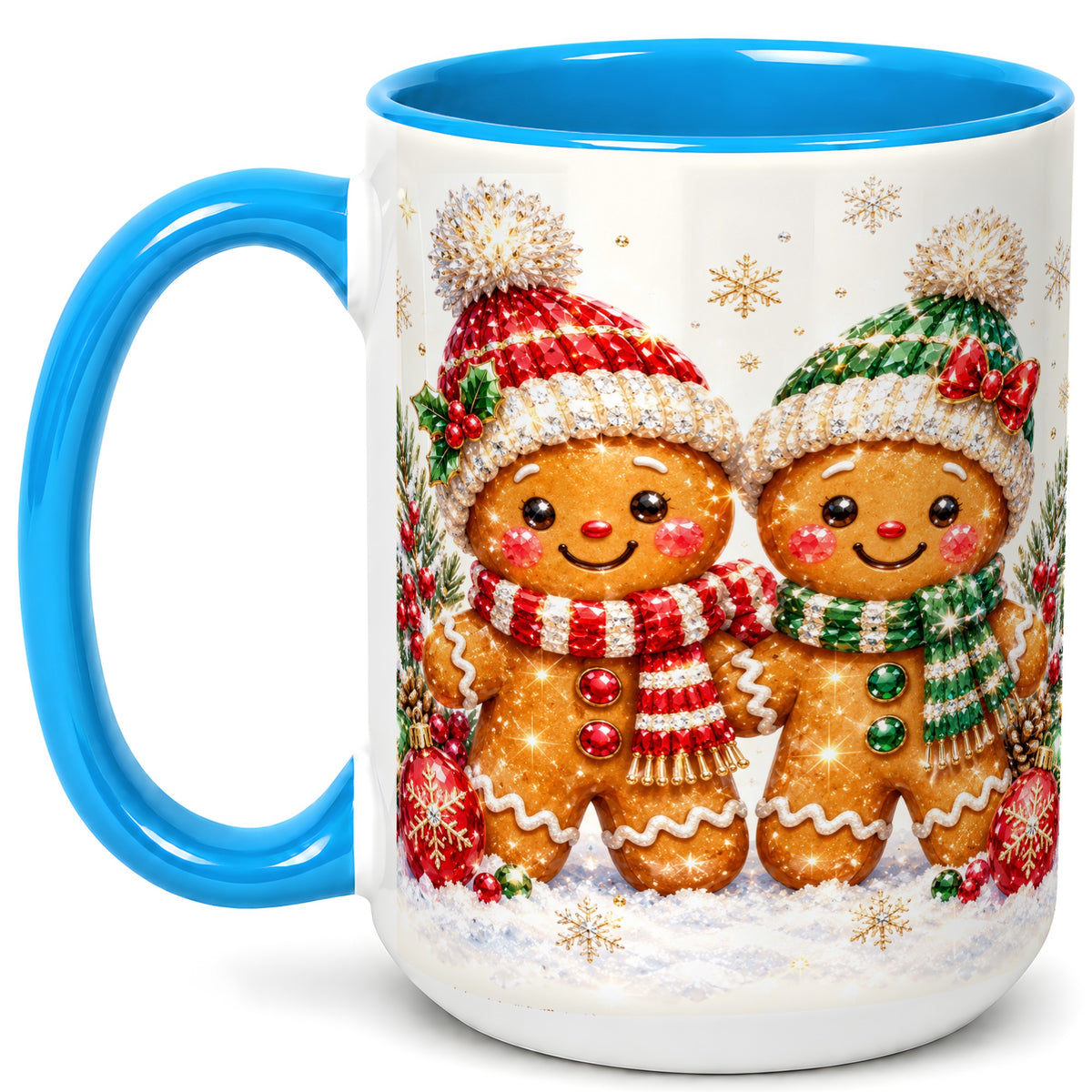 #pl[15oz|Blue] Gingerbread Couple Coffee Mug, Christmas Cookie Mug, Ceramic Cup