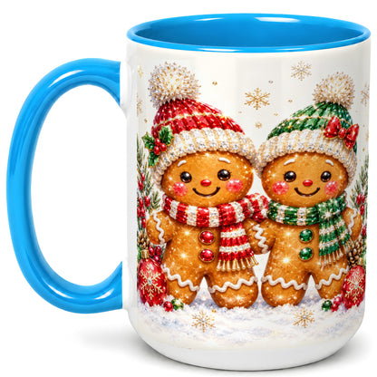 #pl[15oz|Blue] Gingerbread Couple Coffee Mug, Christmas Cookie Mug, Ceramic Cup