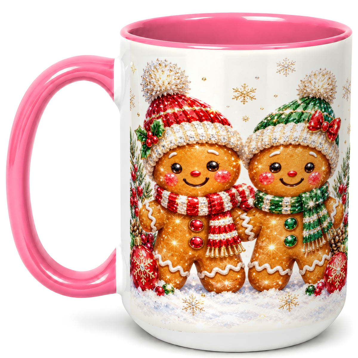 #pl[15oz|Pink] Gingerbread Couple Coffee Mug, Christmas Cookie Mug, Ceramic Cup