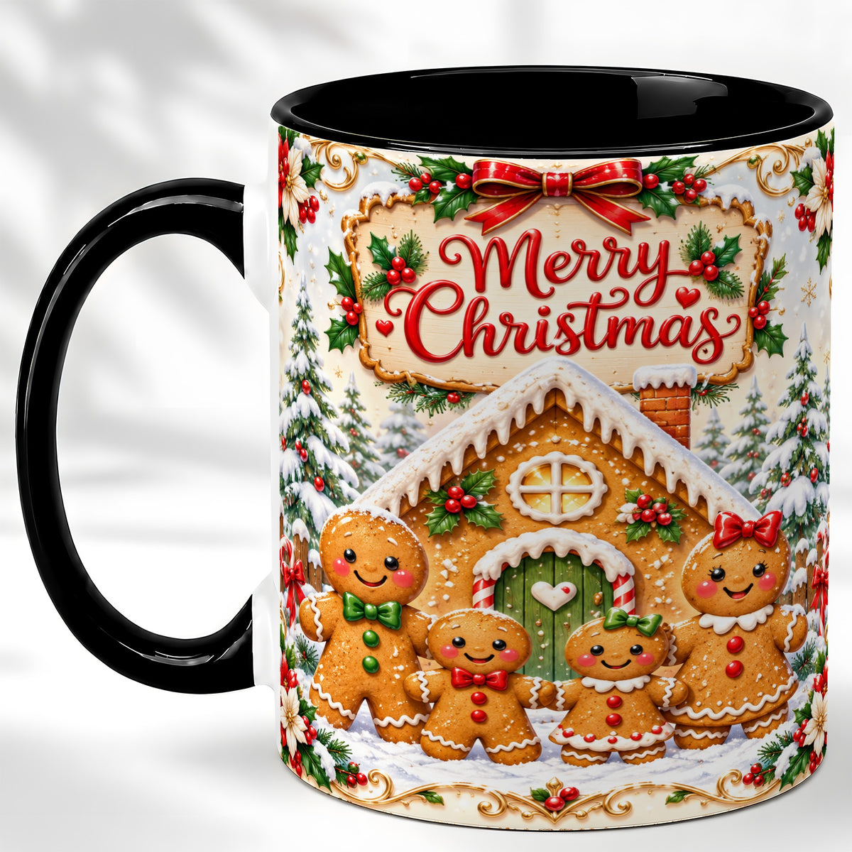 #pl[11oz|Black] Gingerbread Family Coffee Mug, Christmas House Mug, Ceramic Cup