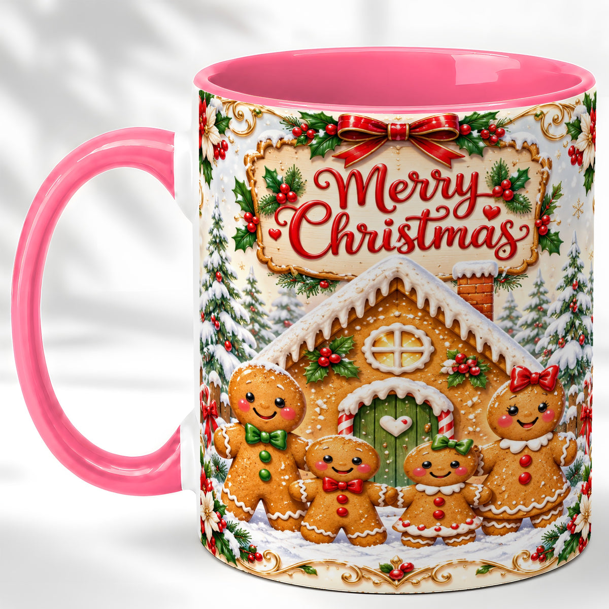 #pl[11oz|Pink] Gingerbread Family Coffee Mug, Christmas House Mug, Ceramic Cup