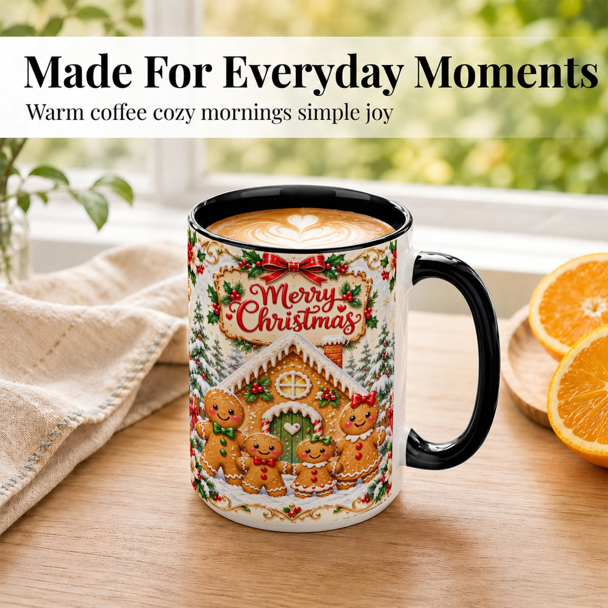 #pl[15oz|Black] Gingerbread Family Coffee Mug, Christmas House Mug, Ceramic Cup