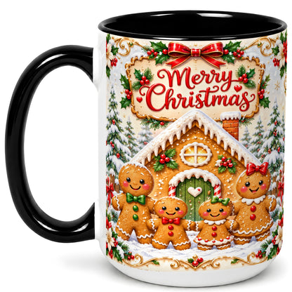 #pl[15oz|Black] Gingerbread Family Coffee Mug, Christmas House Mug, Ceramic Cup