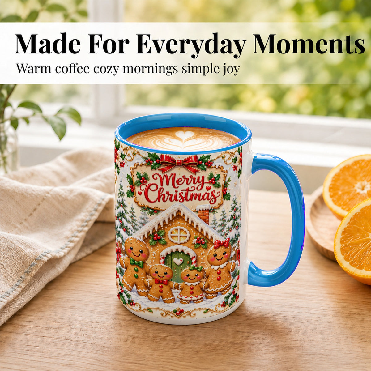 #pl[15oz|Blue] Gingerbread Family Coffee Mug, Christmas House Mug, Ceramic Cup