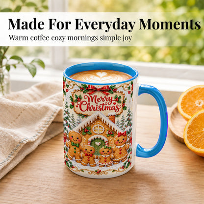 #pl[15oz|Blue] Gingerbread Family Coffee Mug, Christmas House Mug, Ceramic Cup