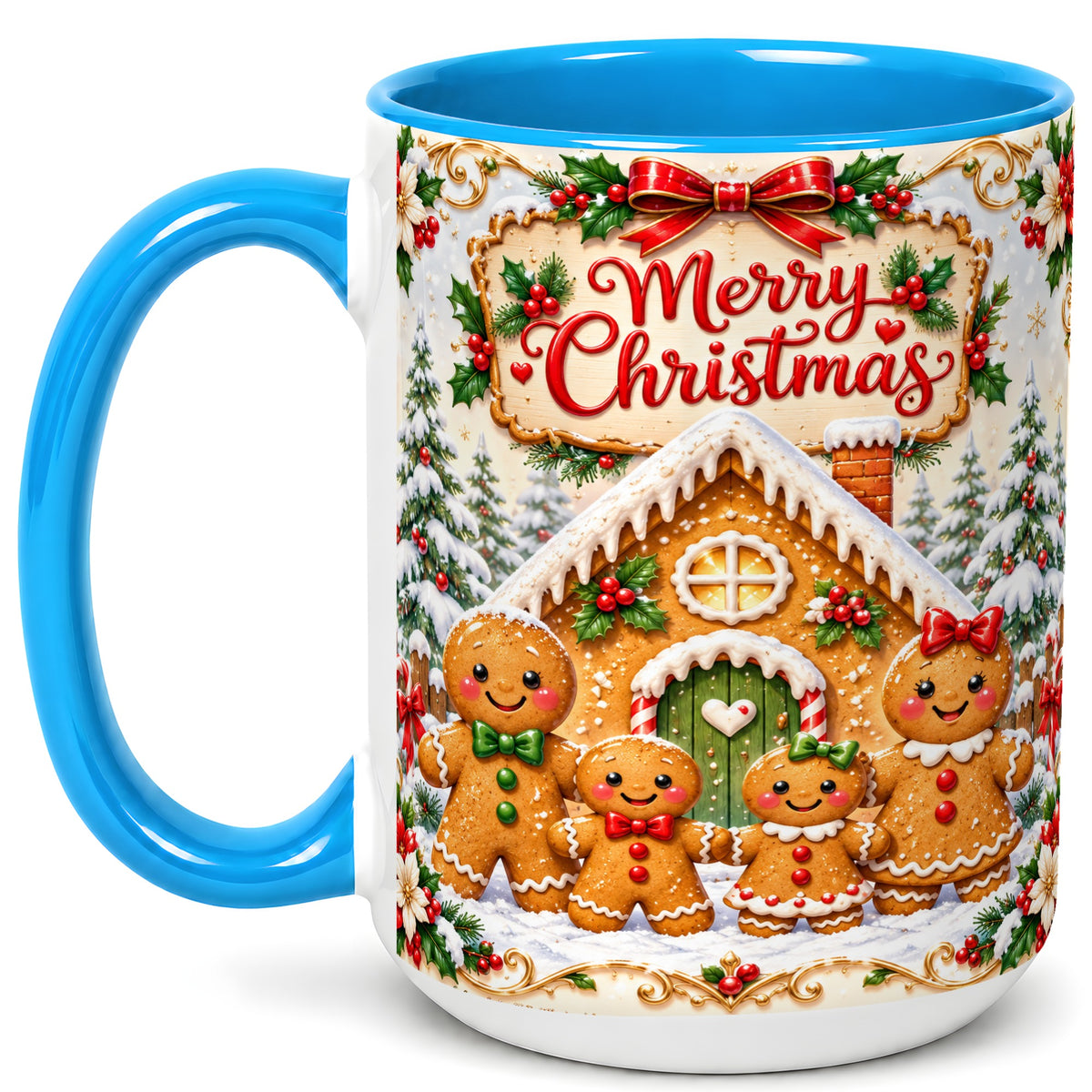 #pl[15oz|Blue] Gingerbread Family Coffee Mug, Christmas House Mug, Ceramic Cup