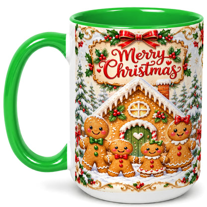 #pl[15oz|Green] Gingerbread Family Coffee Mug, Christmas House Mug, Ceramic Cup
