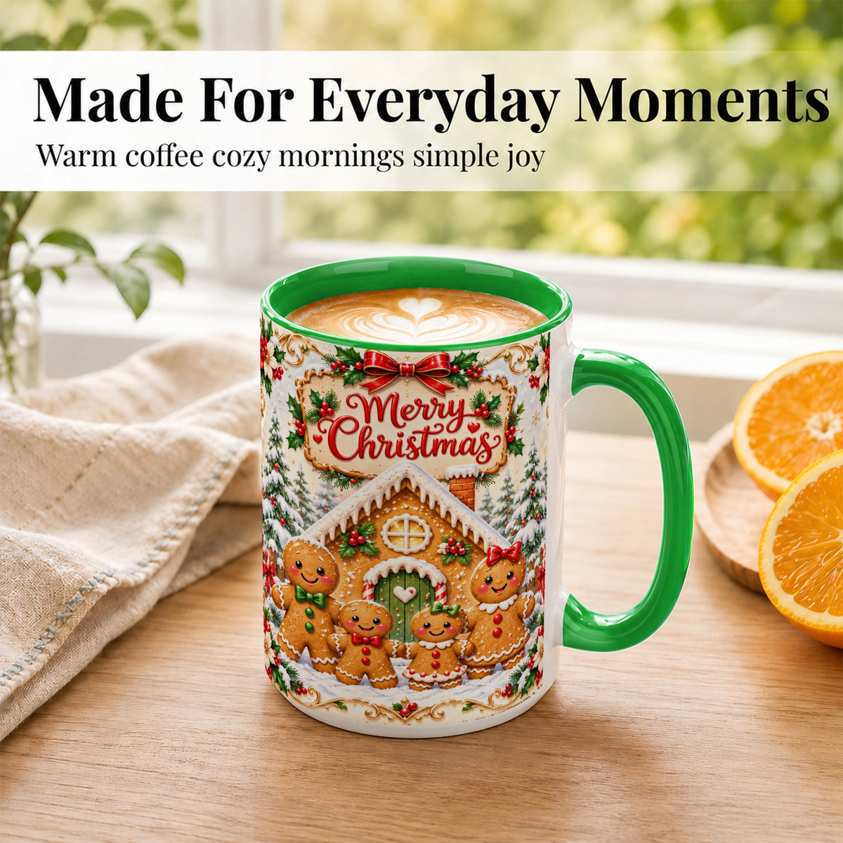 #pl[15oz|Green] Gingerbread Family Coffee Mug, Christmas House Mug, Ceramic Cup