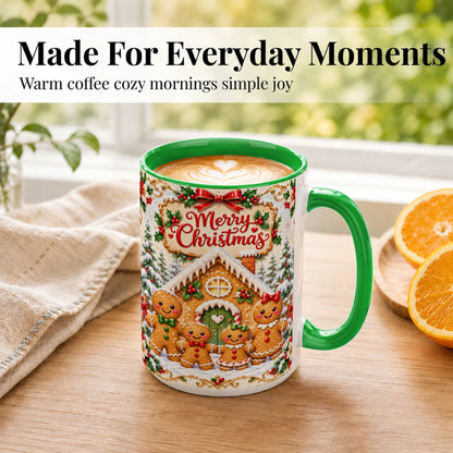 #pl[15oz|Green] Gingerbread Family Coffee Mug, Christmas House Mug, Ceramic Cup