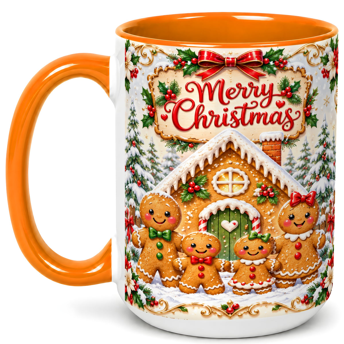 #pl[15oz|Orange] Gingerbread Family Coffee Mug, Christmas House Mug, Ceramic Cup