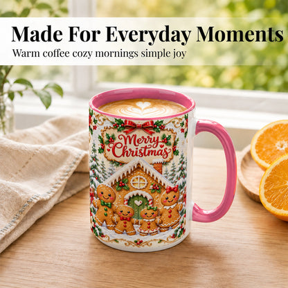#pl[15oz|Pink] Gingerbread Family Coffee Mug, Christmas House Mug, Ceramic Cup