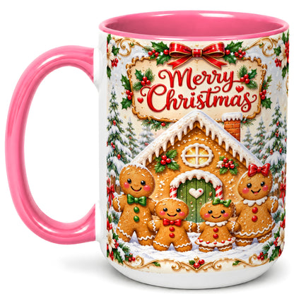 #pl[15oz|Pink] Gingerbread Family Coffee Mug, Christmas House Mug, Ceramic Cup