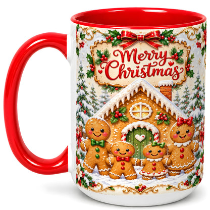 #pl[15oz|Red] Gingerbread Family Coffee Mug, Christmas House Mug, Ceramic Cup