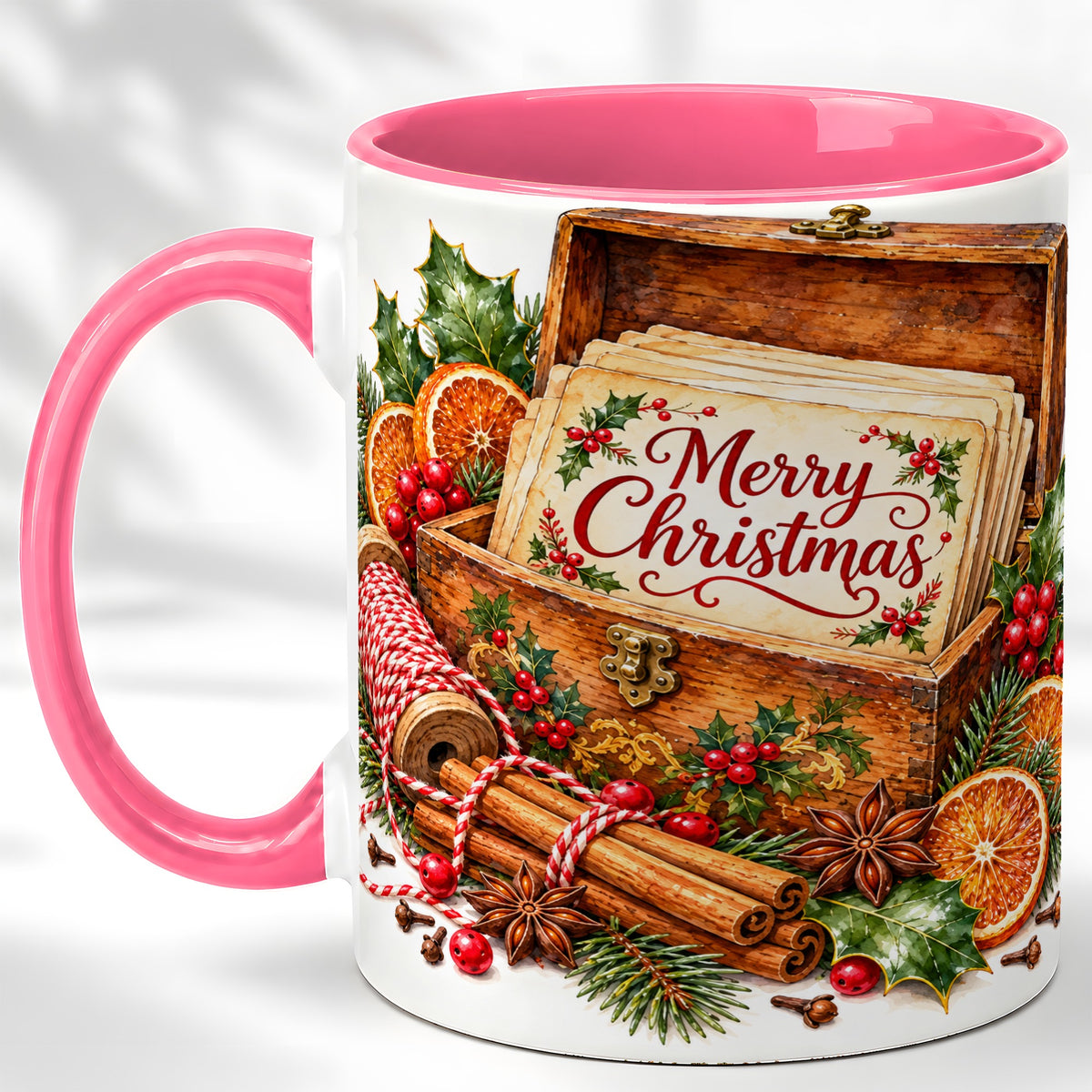 #pl[11oz|Pink] Vintage Merry Christmas Coffee Mug, Holiday Card Mug, Ceramic Cup