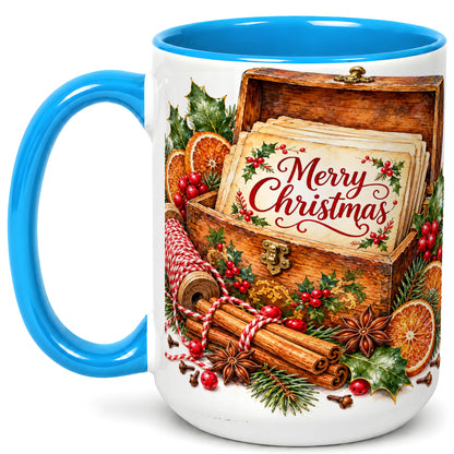 #pl[15oz|Blue] Vintage Merry Christmas Coffee Mug, Holiday Card Mug, Ceramic Cup