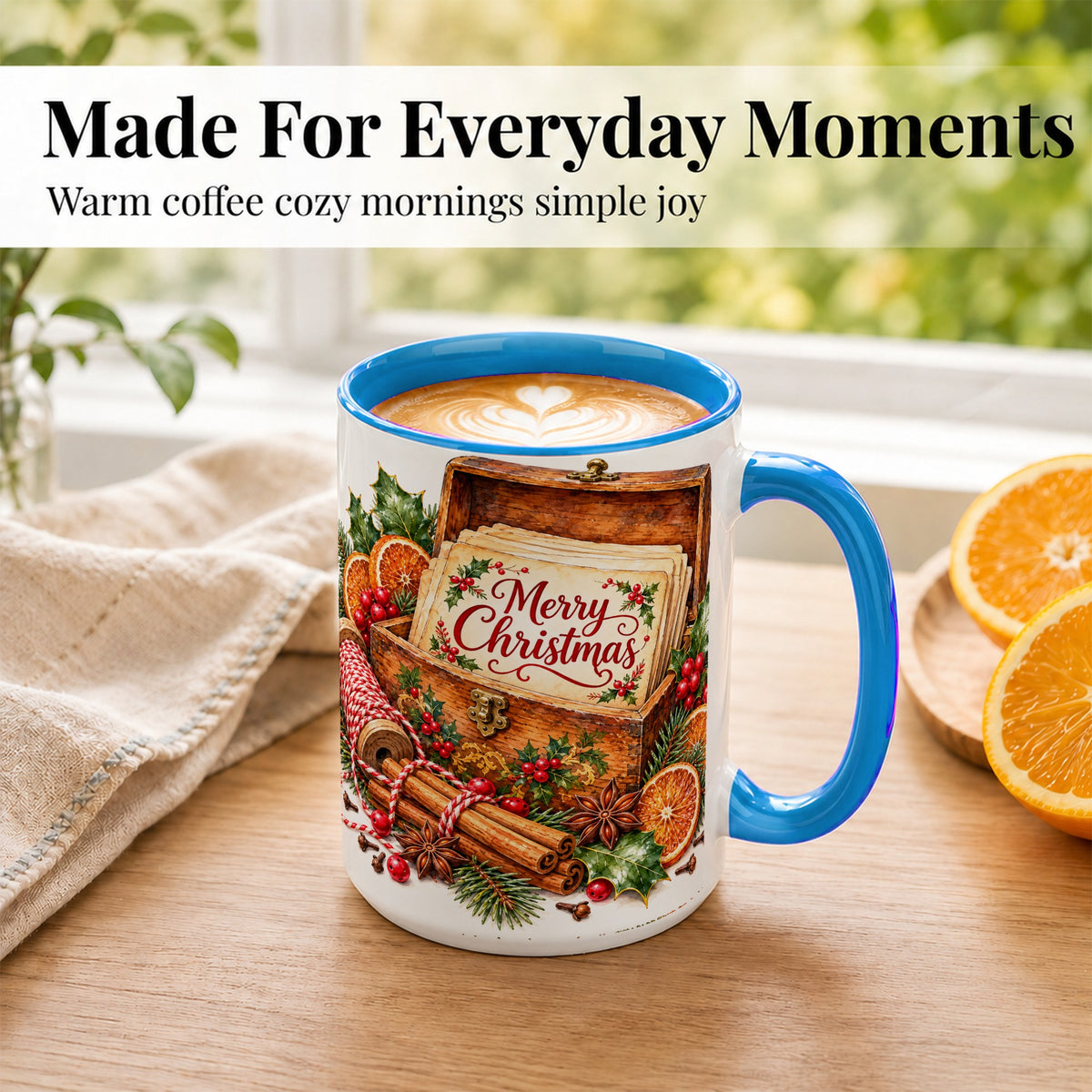 #pl[15oz|Blue] Vintage Merry Christmas Coffee Mug, Holiday Card Mug, Ceramic Cup