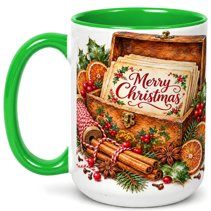 #pl[15oz|Green] Vintage Merry Christmas Coffee Mug, Holiday Card Mug, Ceramic Cup