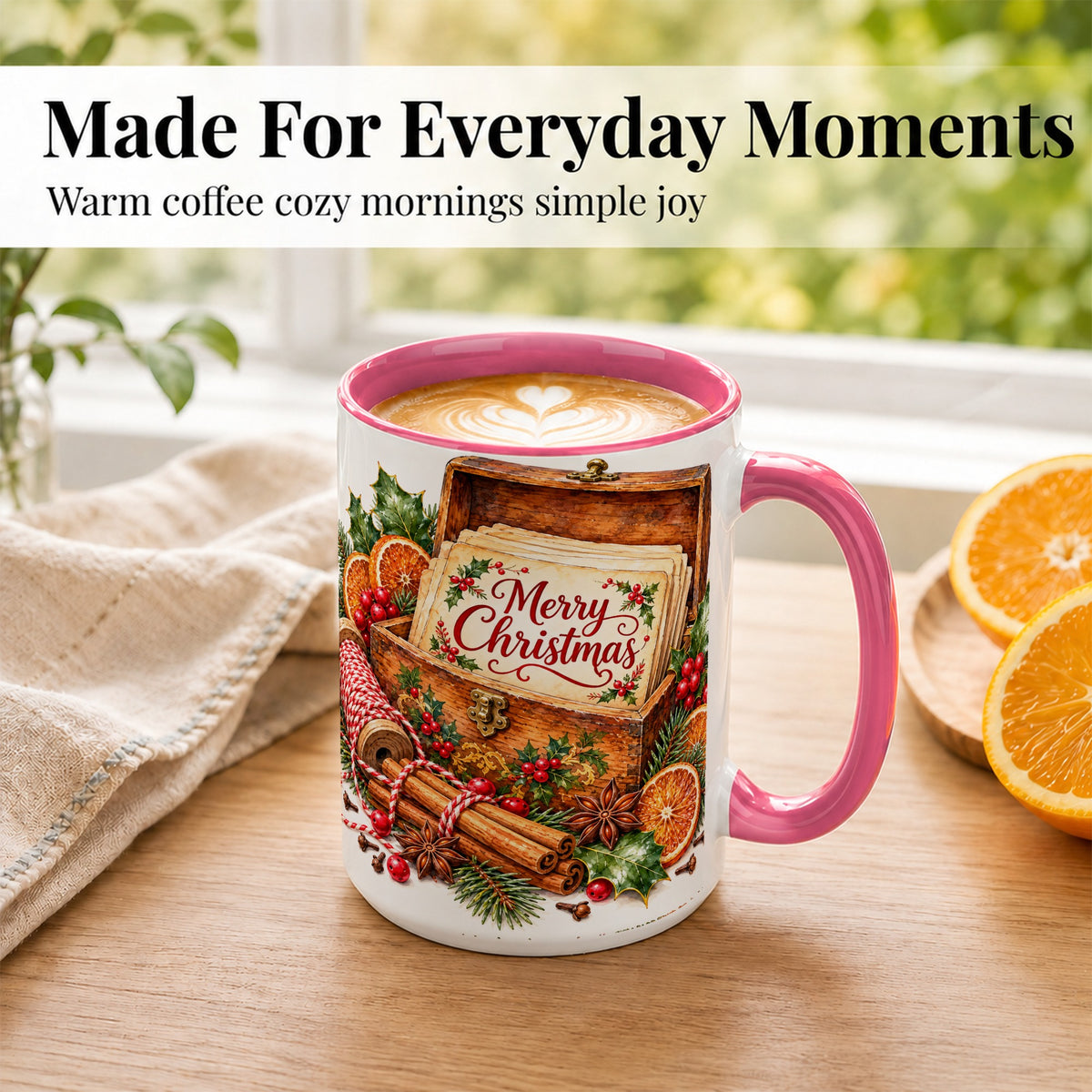 #pl[15oz|Pink] Vintage Merry Christmas Coffee Mug, Holiday Card Mug, Ceramic Cup