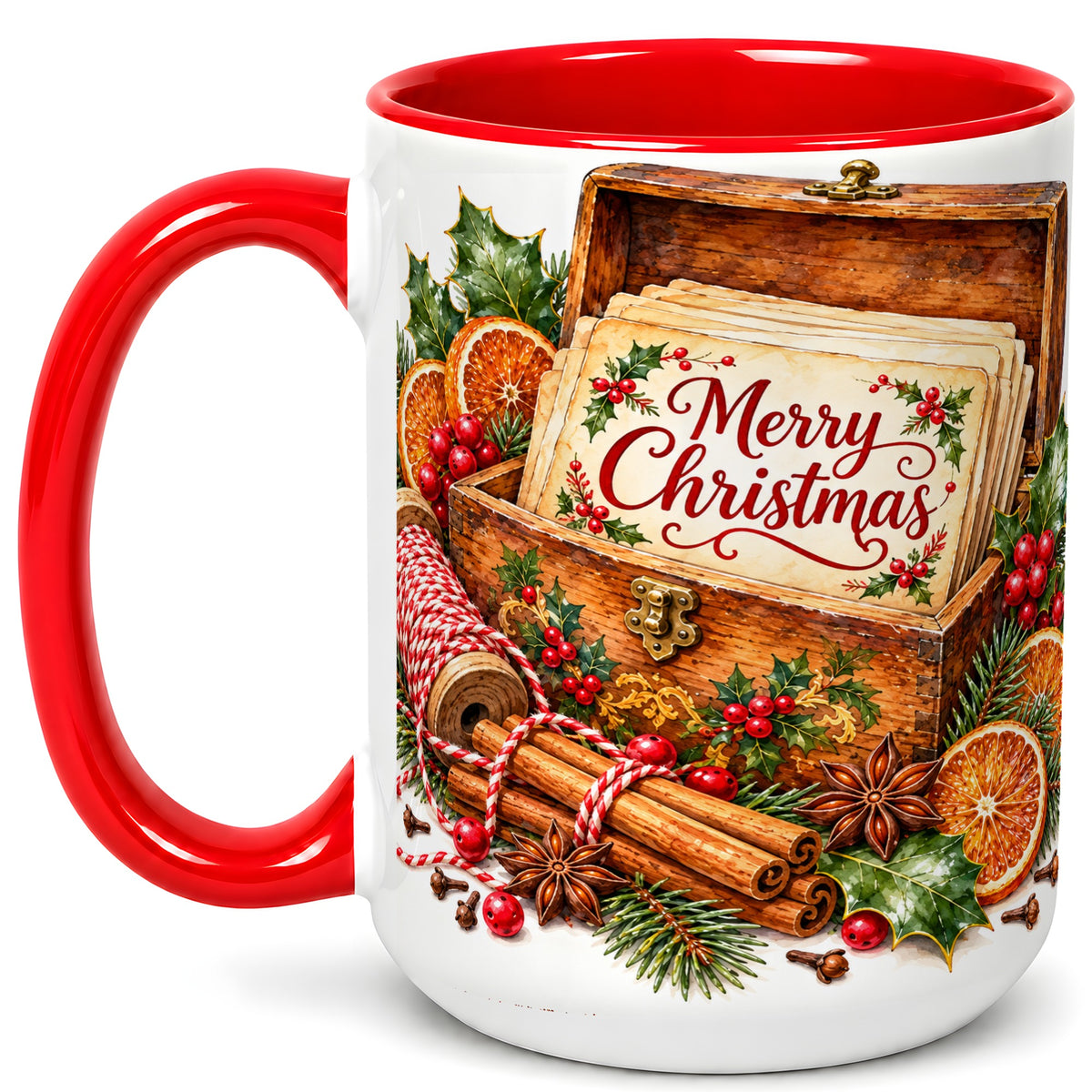 #pl[15oz|Red] Vintage Merry Christmas Coffee Mug, Holiday Card Mug, Ceramic Cup