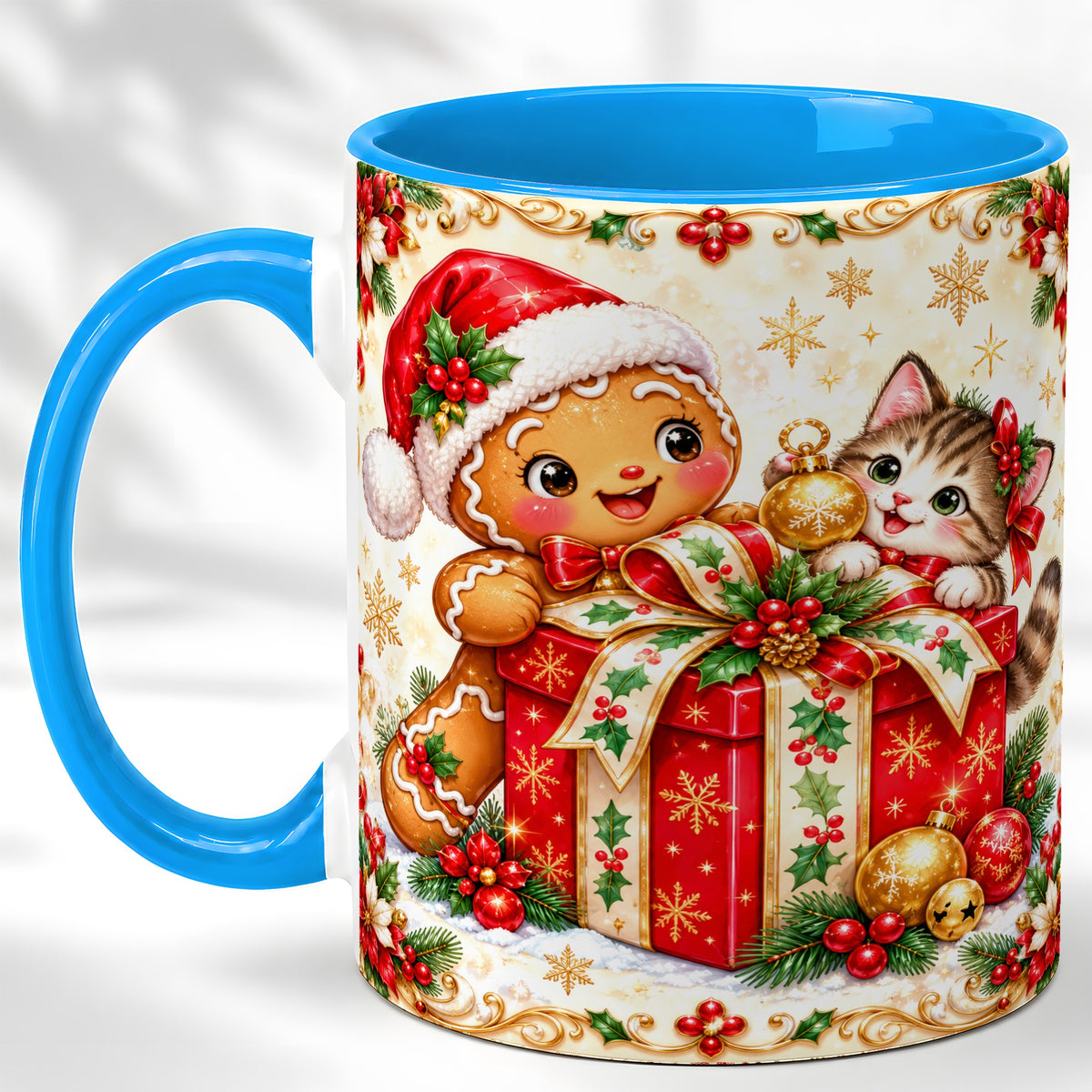 #pl[11oz|Blue] Gingerbread Cat Christmas Coffee Mug, Holiday Friends Mug, Ceramic Cup