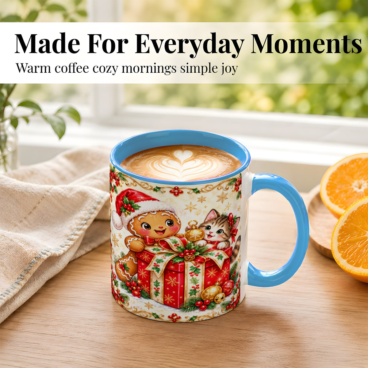 #pl[11oz|Blue] Gingerbread Cat Christmas Coffee Mug, Holiday Friends Mug, Ceramic Cup