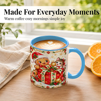 #pl[11oz|Blue] Gingerbread Cat Christmas Coffee Mug, Holiday Friends Mug, Ceramic Cup