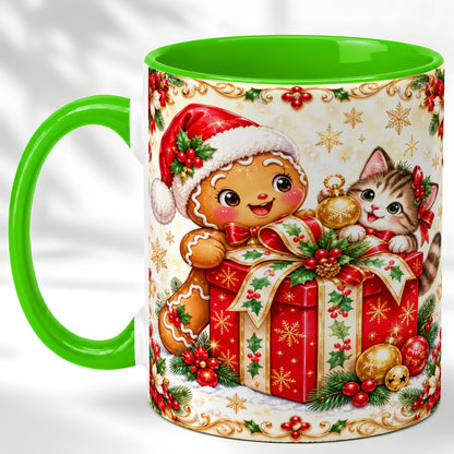 #pl[11oz|Green] Gingerbread Cat Christmas Coffee Mug, Holiday Friends Mug, Ceramic Cup