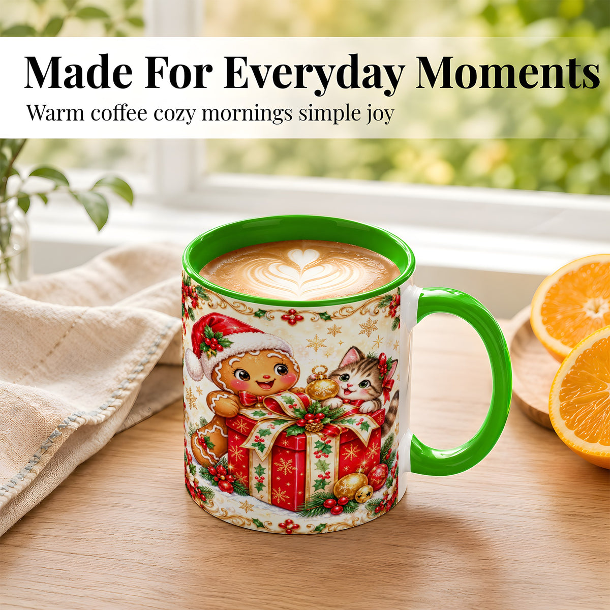 #pl[11oz|Green] Gingerbread Cat Christmas Coffee Mug, Holiday Friends Mug, Ceramic Cup