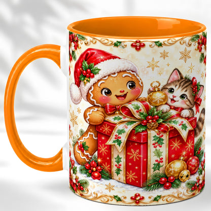 #pl[11oz|Orange] Gingerbread Cat Christmas Coffee Mug, Holiday Friends Mug, Ceramic Cup