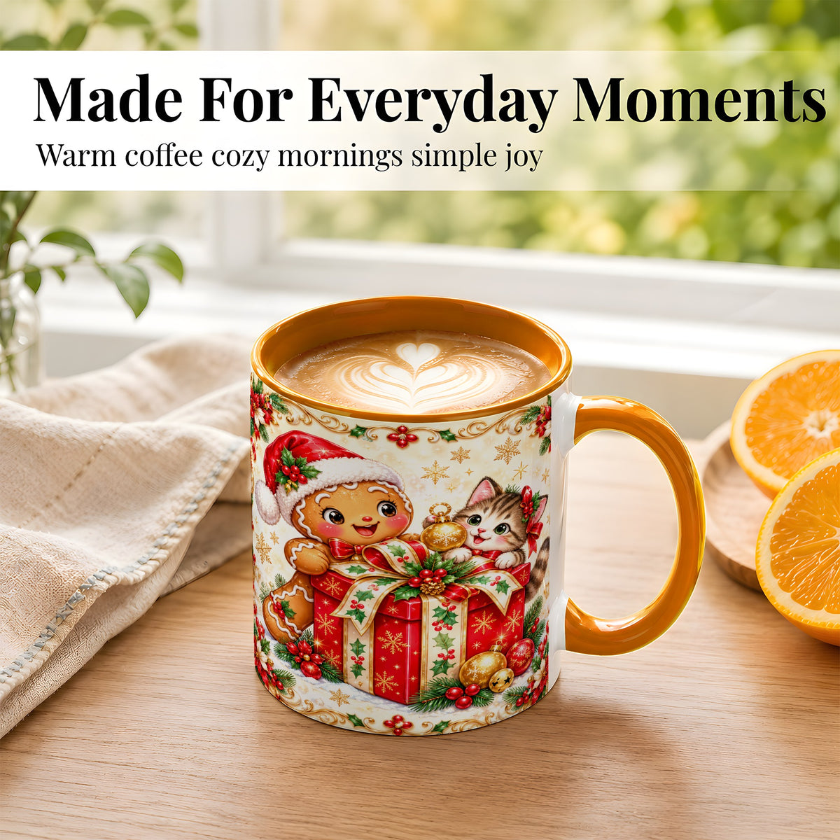 #pl[11oz|Orange] Gingerbread Cat Christmas Coffee Mug, Holiday Friends Mug, Ceramic Cup