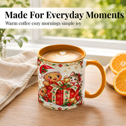 #pl[11oz|Orange] Gingerbread Cat Christmas Coffee Mug, Holiday Friends Mug, Ceramic Cup