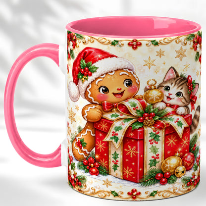 #pl[11oz|Pink] Gingerbread Cat Christmas Coffee Mug, Holiday Friends Mug, Ceramic Cup