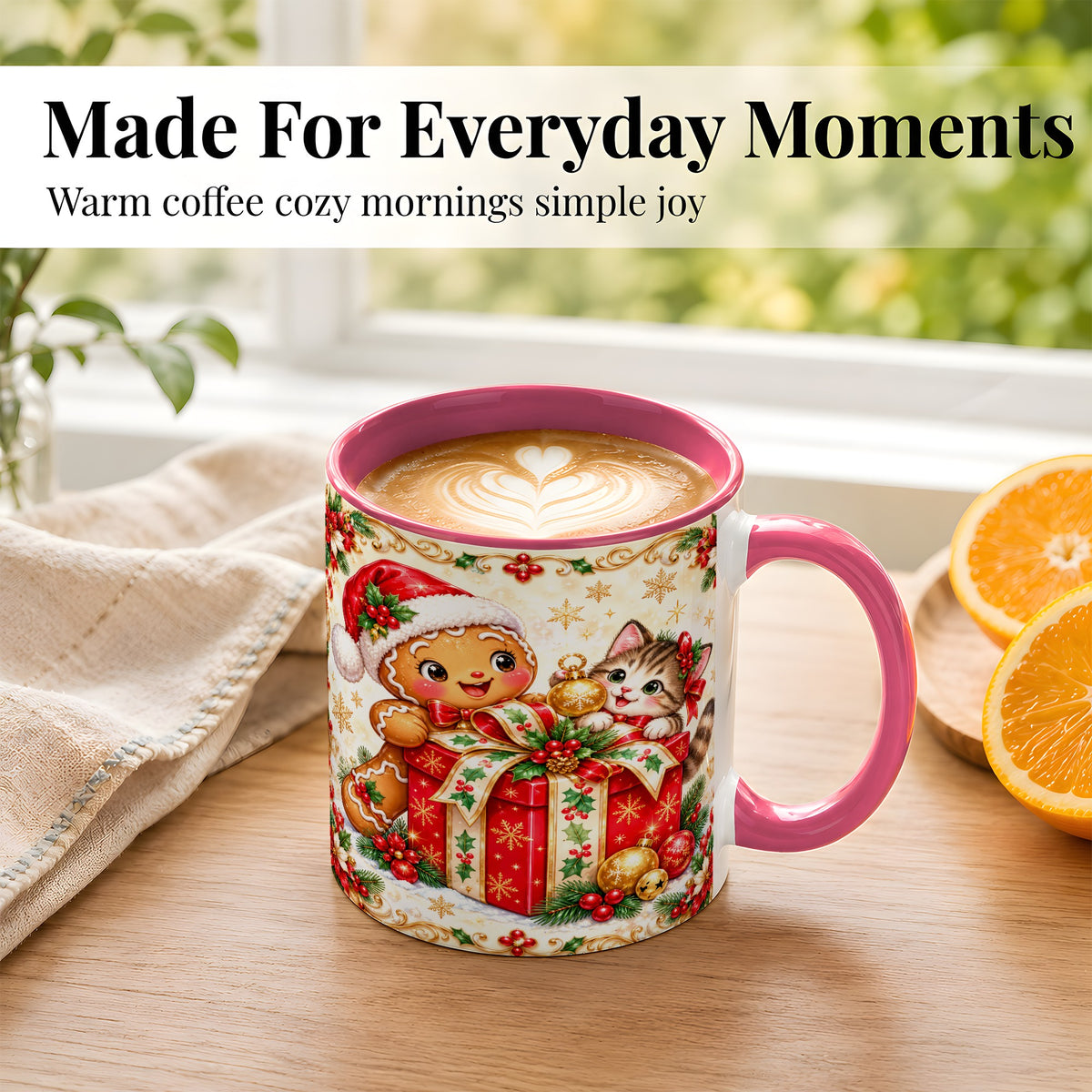 #pl[11oz|Pink] Gingerbread Cat Christmas Coffee Mug, Holiday Friends Mug, Ceramic Cup