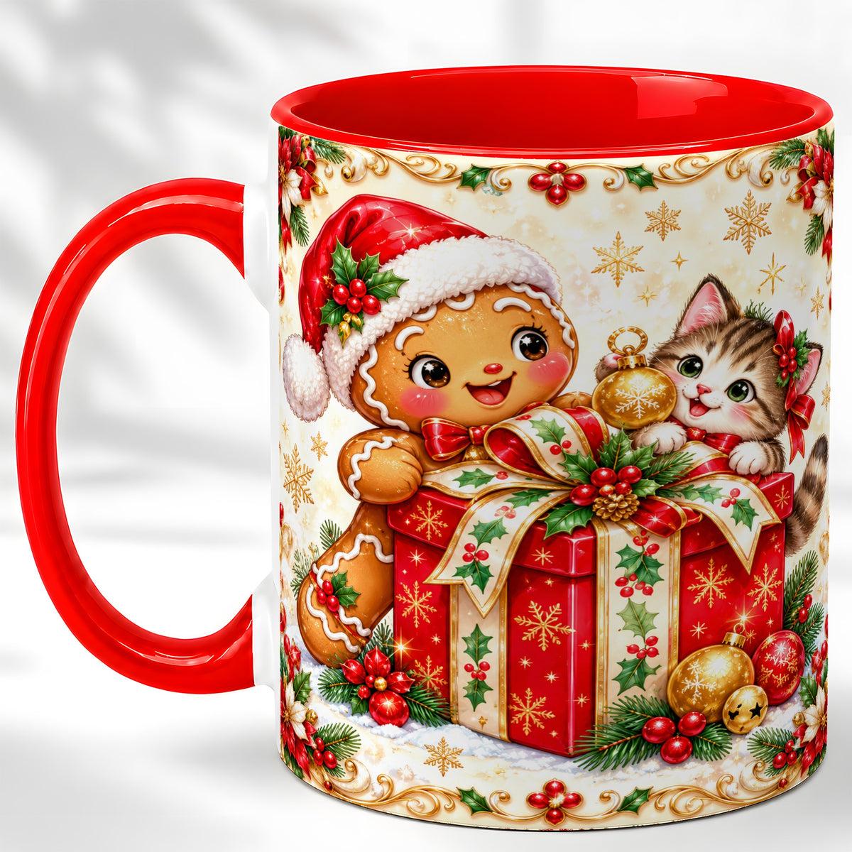 Gingerbread Cat Christmas Coffee Mug, Holiday Friends Mug, Ceramic Cup