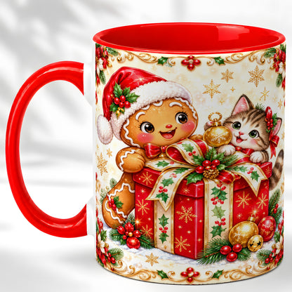 Gingerbread Cat Christmas Coffee Mug, Holiday Friends Mug, Ceramic Cup