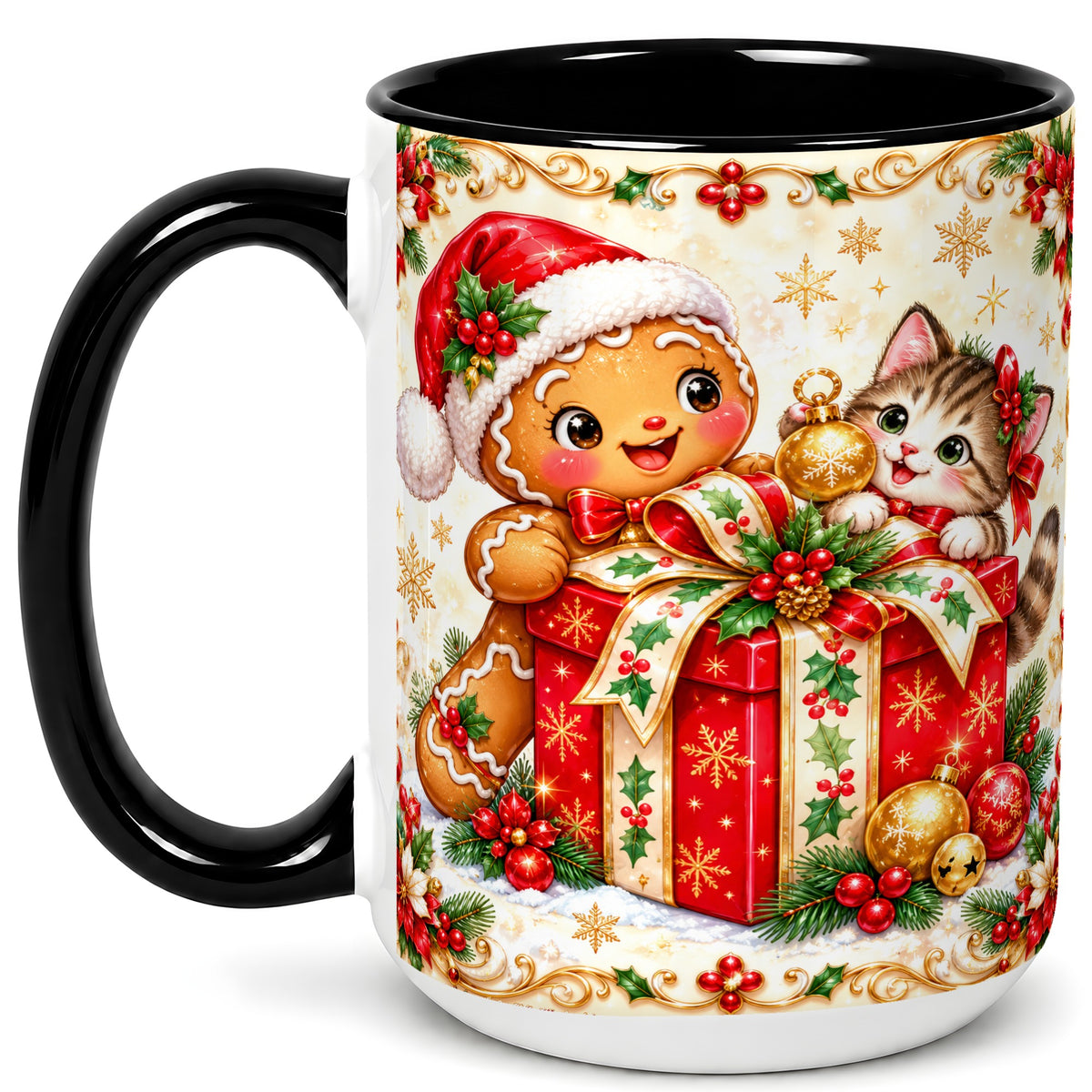#pl[15oz|Black] Gingerbread Cat Christmas Coffee Mug, Holiday Friends Mug, Ceramic Cup