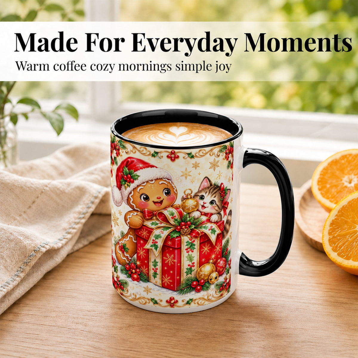 #pl[15oz|Black] Gingerbread Cat Christmas Coffee Mug, Holiday Friends Mug, Ceramic Cup