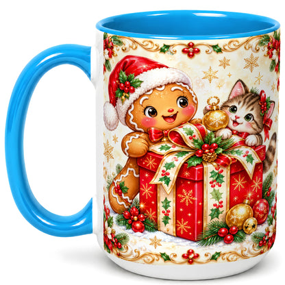 #pl[15oz|Blue] Gingerbread Cat Christmas Coffee Mug, Holiday Friends Mug, Ceramic Cup