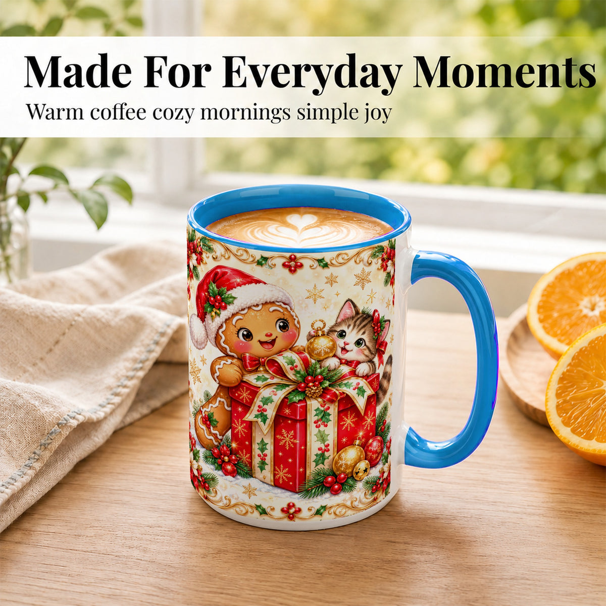 #pl[15oz|Blue] Gingerbread Cat Christmas Coffee Mug, Holiday Friends Mug, Ceramic Cup