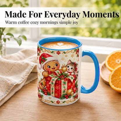 #pl[15oz|Blue] Gingerbread Cat Christmas Coffee Mug, Holiday Friends Mug, Ceramic Cup