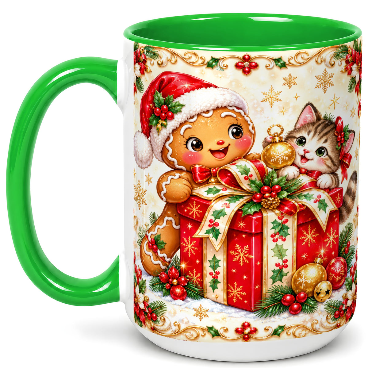 #pl[15oz|Green] Gingerbread Cat Christmas Coffee Mug, Holiday Friends Mug, Ceramic Cup