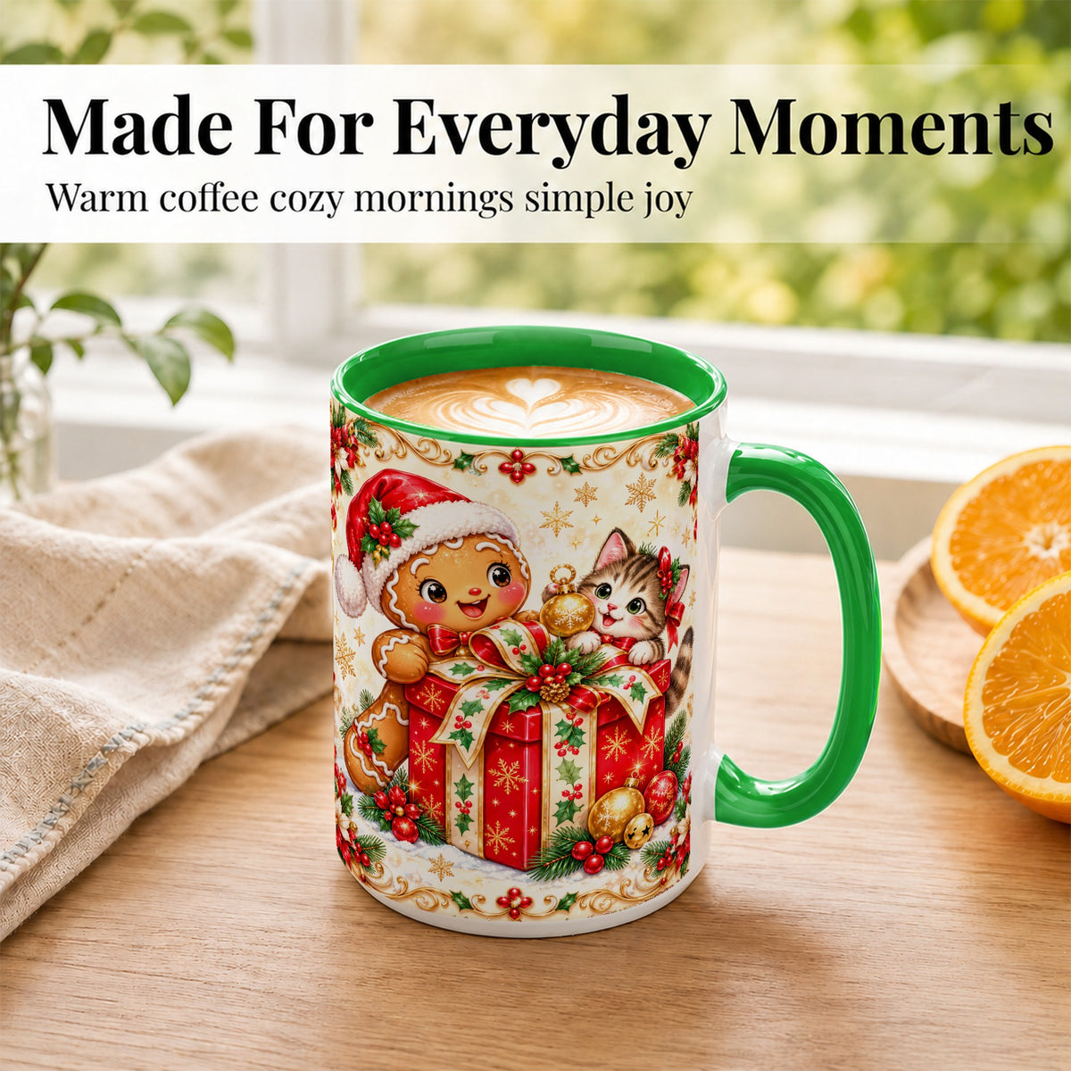 #pl[15oz|Green] Gingerbread Cat Christmas Coffee Mug, Holiday Friends Mug, Ceramic Cup