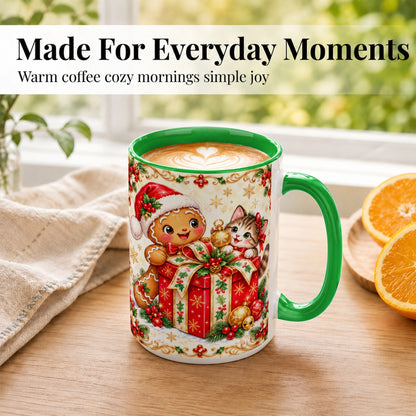 #pl[15oz|Green] Gingerbread Cat Christmas Coffee Mug, Holiday Friends Mug, Ceramic Cup